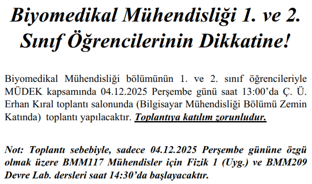 1. ve 2. Sınıf Öğrencilerinin Dikkatine!