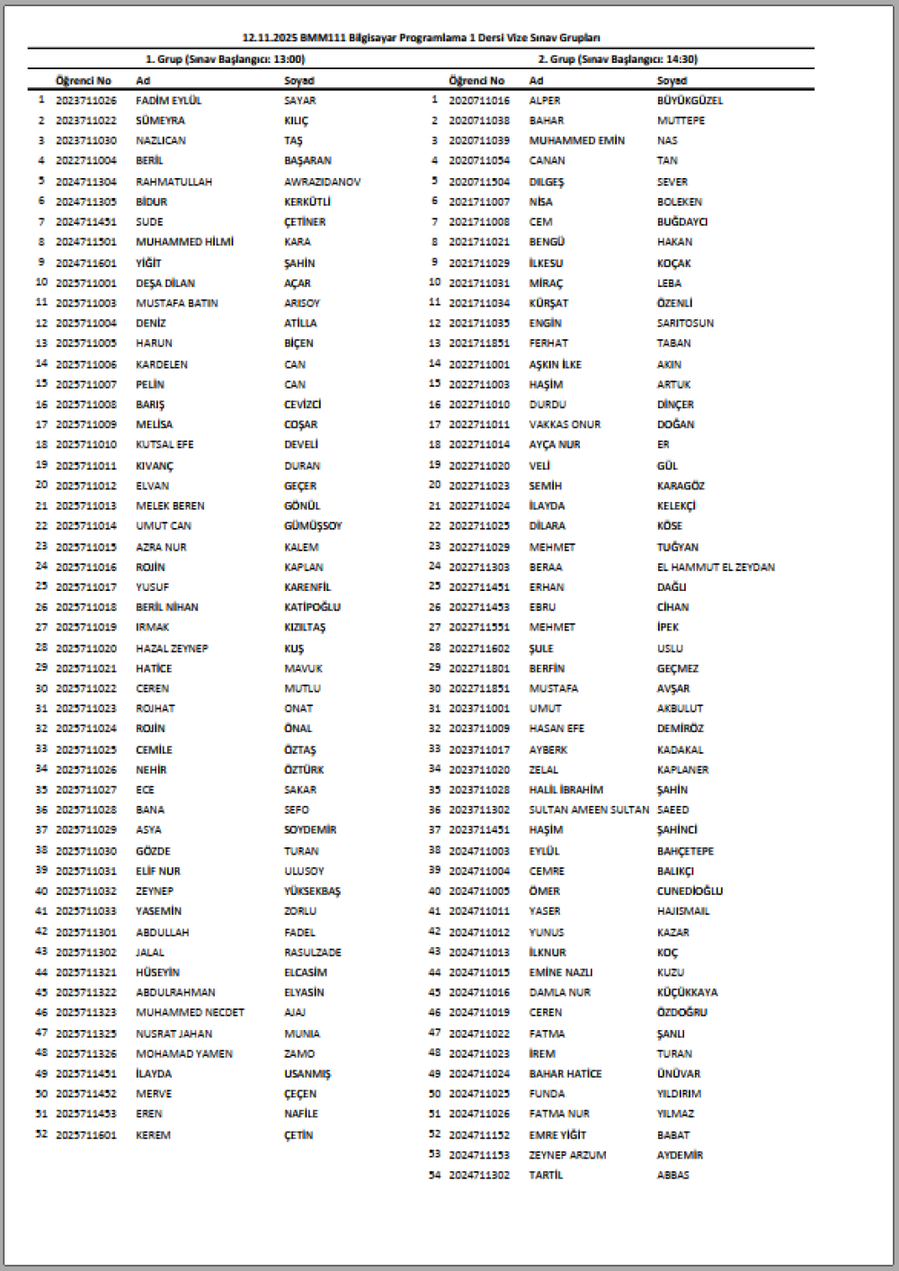 BMM111 - Bilgisayar Programlama1 Vize Grupları