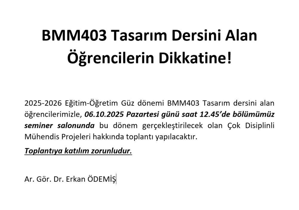 BMM403 Tasarım Dersi Hk.